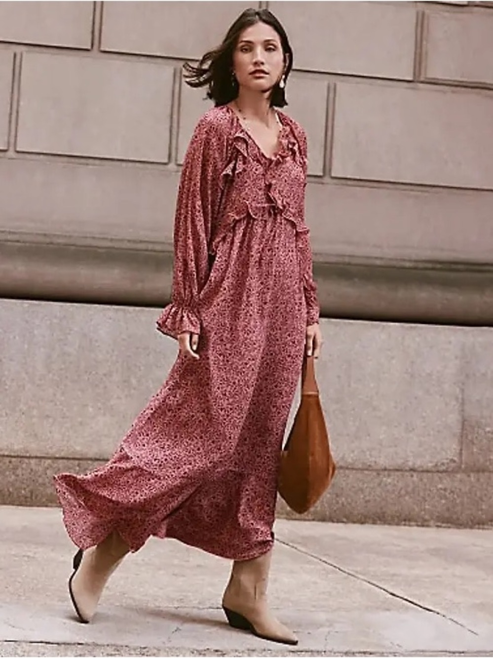 LOFT Women M Floral Maxi Dress Ruffle Long Sleeve Boho Romantic Fall Vacation